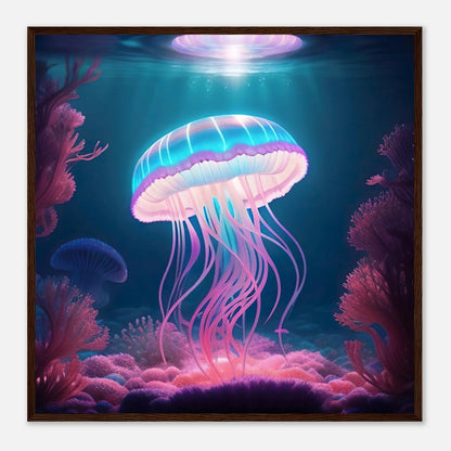 Gerahmtes Premium-Poster - Qualle - Digitaler Stil, KI-Kunst - RolConArt, Unterwasserlandschaften, 70x70-cm-28x28-Dunkler-Holzrahmen