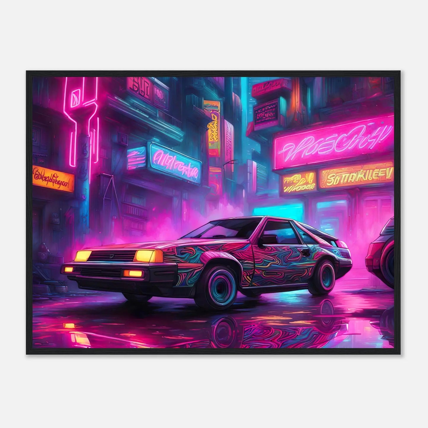 Gerahmtes Premium-Poster - Retro Auto - Neon Stil, KI-Kunst - RolConArt, Neon, 60x80-cm-24x32-Schwarzer-Rahmen