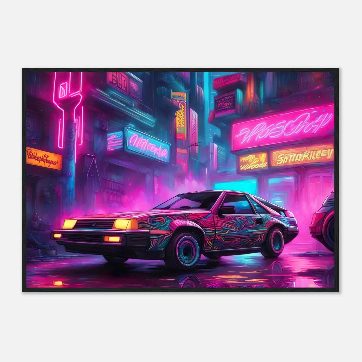 Gerahmtes Premium-Poster - Retro Auto - Neon Stil, KI-Kunst - RolConArt, Neon, 70x100-cm-28x40-Schwarzer-Rahmen