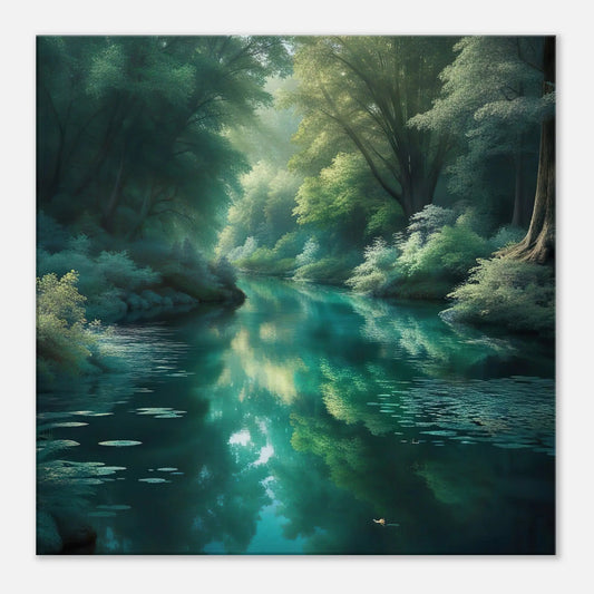 Leinwandbild - Waldlandschaft mit Fluss - Digitaler Stil, KI-Kunst - RolConArt, Landschaften, 60x60-cm-24x24