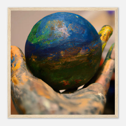 Gerahmtes Premium-Poster - Planet in der Hand - Foto Stil, KI-Kunst - RolConArt, Fotokunst - Kreative Vielfalt, 50x50-cm-20x20-Holz