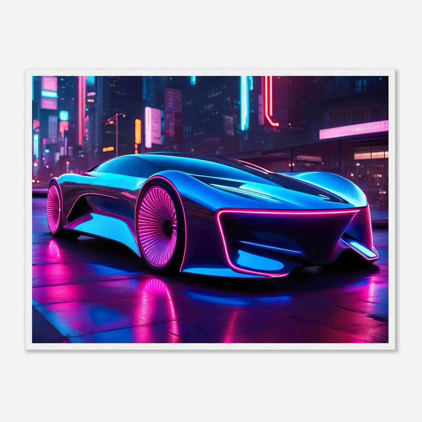 Gerahmtes Premium-Poster -Futuristisches Fahrzeug- Neon Stil, KI-Kunst - RolConArt, Neon, 60x80-cm-24x32-Weißer-Rahmen