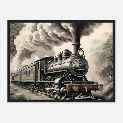 Gerahmtes Premium-Poster - Dampflokomotive - Schwarz-Weiß, KI-Kunst - RolConArt, Schwarz-Weiß mit Akzentfarben, 45x60-cm-18x24-Schwarzer-Rahmen