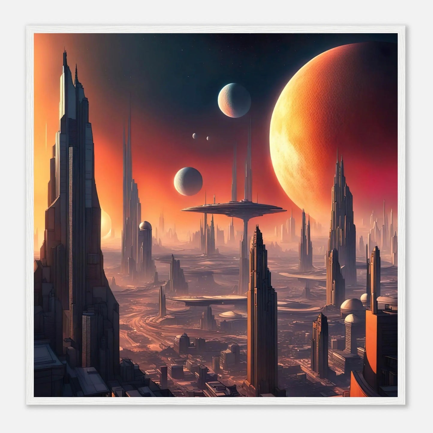 Gerahmtes Premium-Poster -Futuristische Welt- Digitaler Stil, KI-Kunst - RolConArt, Sci-Fi, 70x70-cm-28x28-Weißer-Rahmen