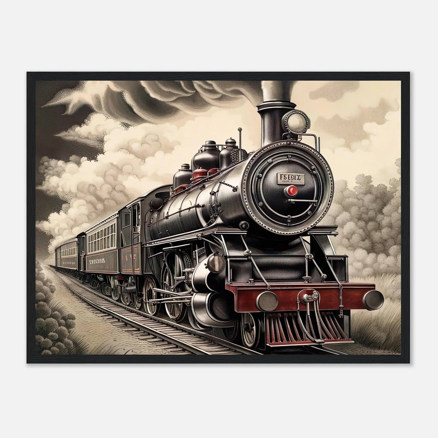 Gerahmtes Premium-Poster - Dampflokomotive - Schwarz-Weiß, KI-Kunst - RolConArt, Schwarz-Weiß mit Akzentfarben, 45x60-cm-18x24-Schwarzer-Rahmen