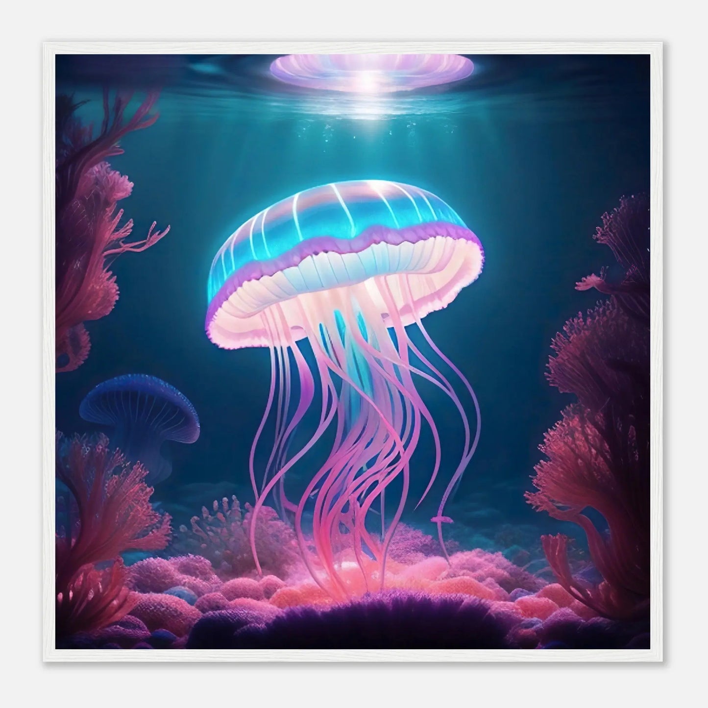 Gerahmtes Premium-Poster - Qualle - Digitaler Stil, KI-Kunst - RolConArt, Unterwasserlandschaften, 70x70-cm-28x28-Weißer-Rahmen