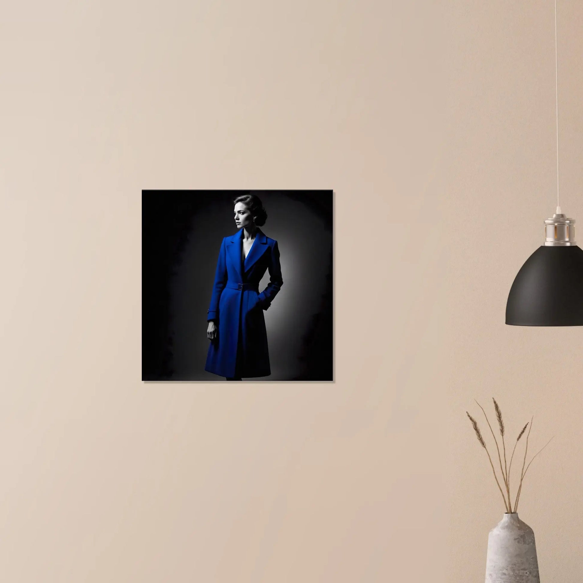Leinwandbild - Frau im blauen Mantel - Schwarz-Weiß Stil, KI-Kunst - RolConArt, Schwarz-Weiß mit Akzentfarben, 