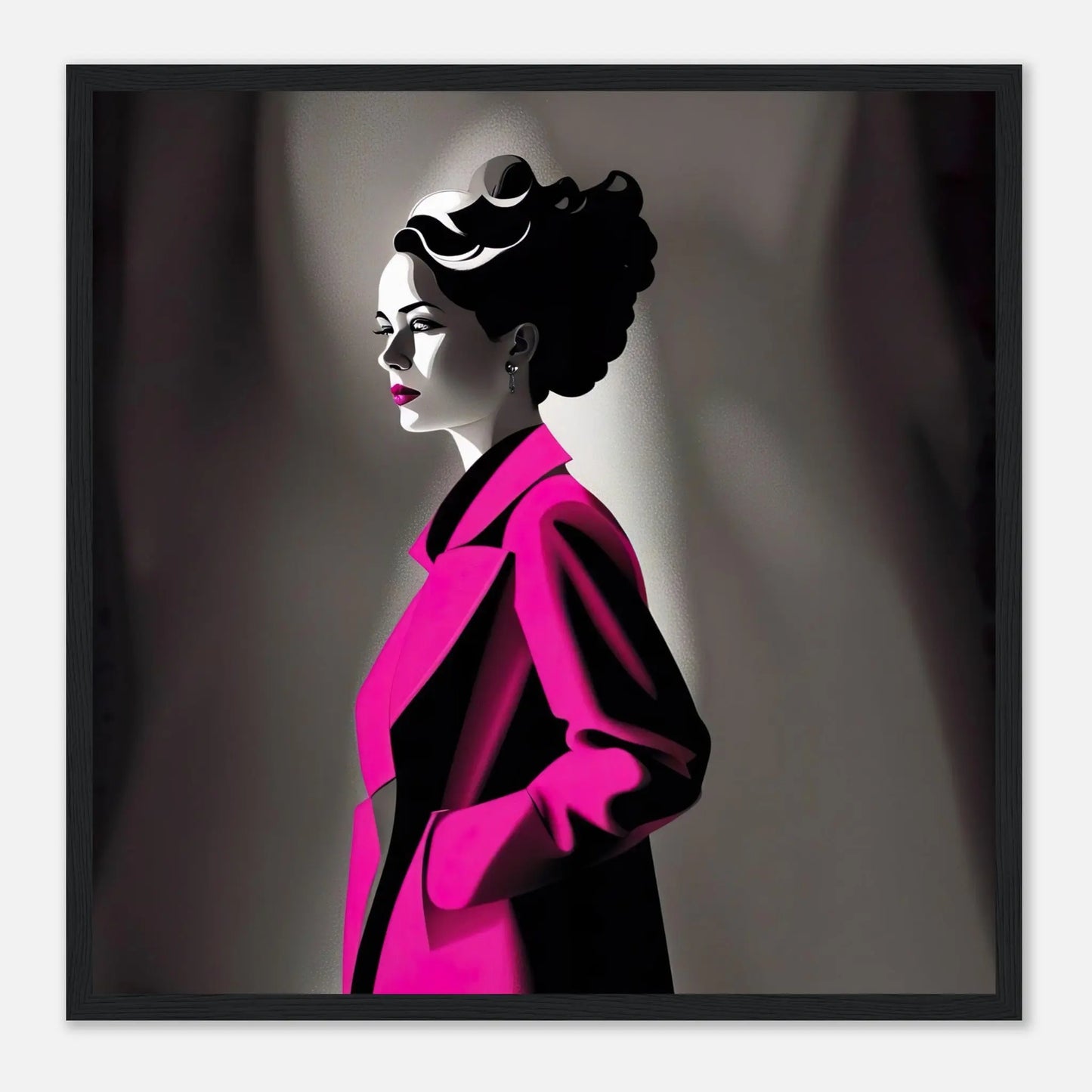 Gerahmtes Premium-Poster - Frau im rosa Mantel - Schwarz-Weiß, KI-Kunst - RolConArt, Schwarz-Weiß mit Akzentfarben, 50x50-cm-20x20-Schwarzer-Rahmen