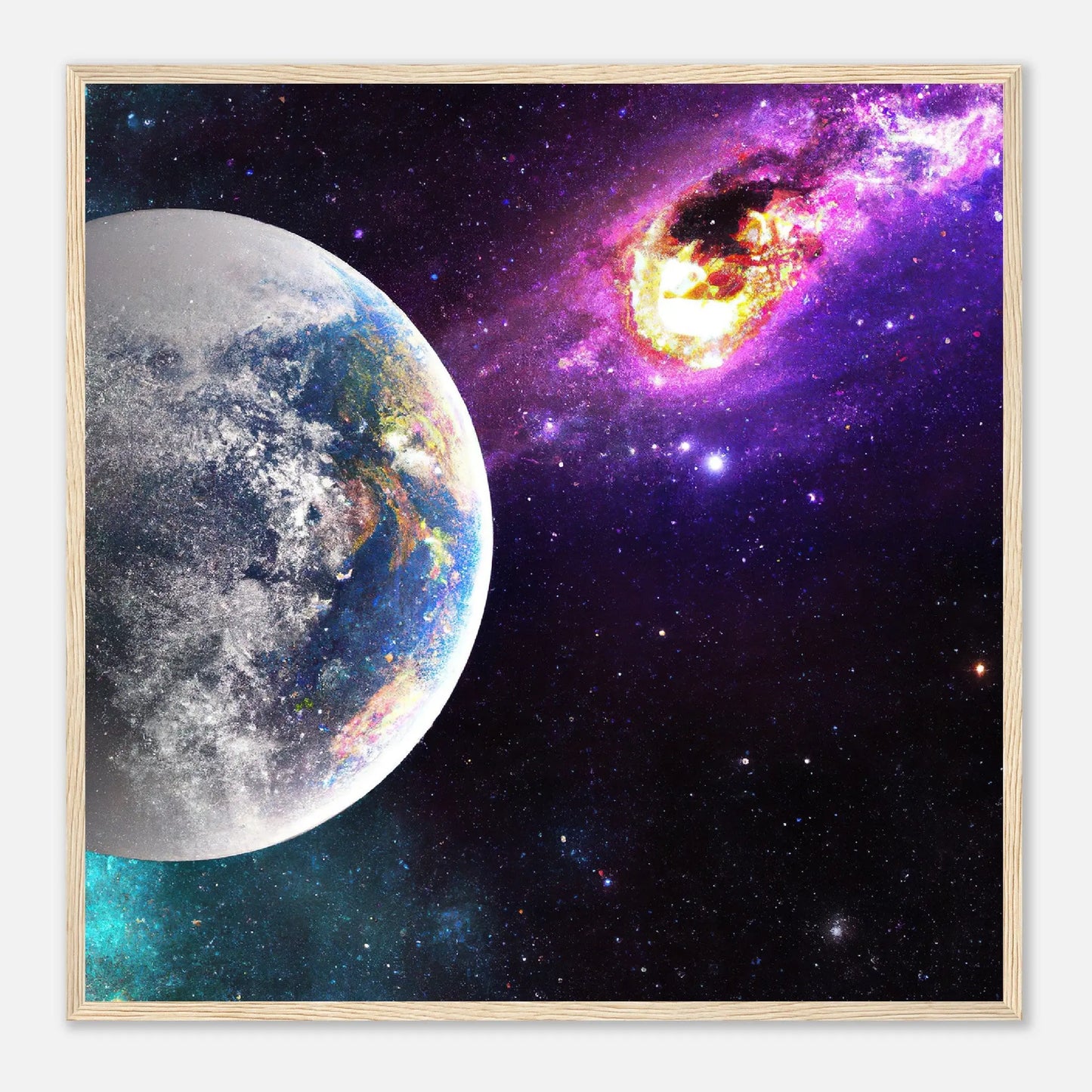 Gerahmtes Premium-Poster - Planet und Komet - Digitaler Stil, KI-Kunst - RolConArt, Sci-Fi, 70x70-cm-28x28-Holz