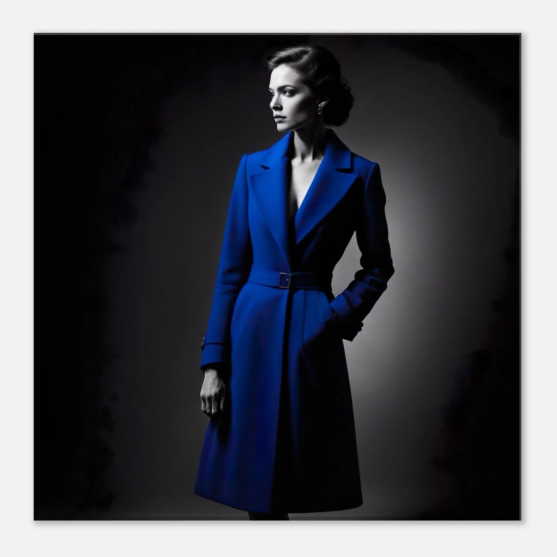 Leinwandbild - Frau im blauen Mantel - Schwarz-Weiß Stil, KI-Kunst - RolConArt, Schwarz-Weiß mit Akzentfarben, 40x40-cm-16x16
