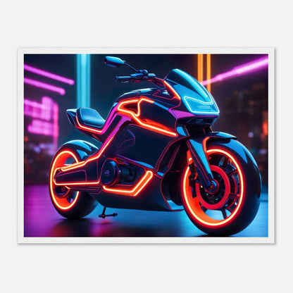 Gerahmtes Premium-Poster -Futuristisches Motorrad- Neon Stil, KI-Kunst - RolConArt, Neon, 45x60-cm-18x24-Weißer-Rahmen