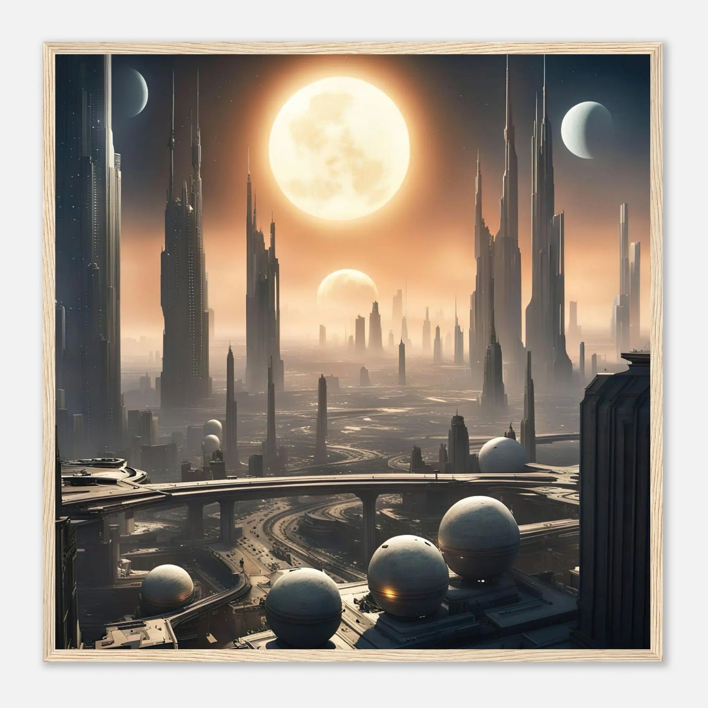 Gerahmtes Premium-Poster -Futuristische Welt- Digitaler Stil, KI-Kunst - RolConArt, Sci-Fi, 70x70-cm-28x28-Holzrahmen