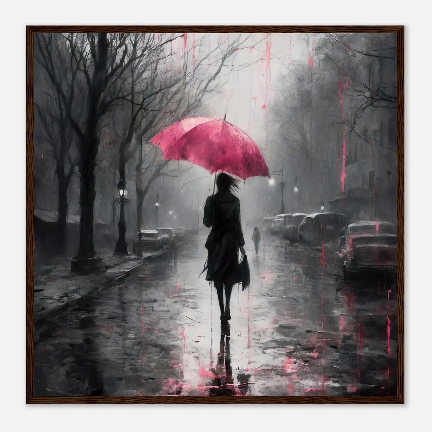 Gerahmtes Premium-Poster - Frau auf einer Straße - Schwarz-Weiß, KI-Kunst - RolConArt, Schwarz-Weiß mit Akzentfarben, 70x70-cm-28x28-Dunkler-Holzrahmen