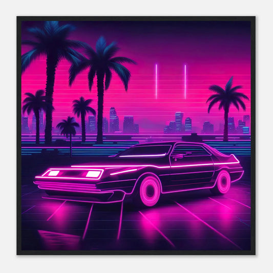 Gerahmtes Premium-Poster - Retro Auto - Neon Stil, KI-Kunst - RolConArt, Neon, 70x70-cm-28x28-Schwarzer-Rahmen