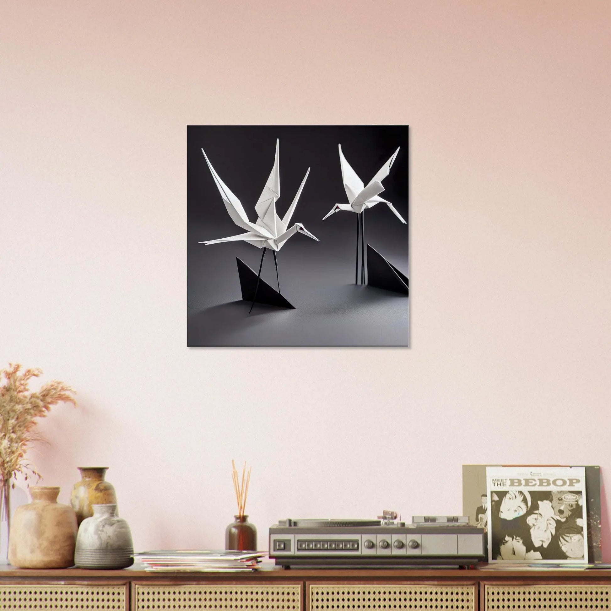 Leinwandbild - Zwei Kraniche - Schwarz-Weiß, Origami Stil, KI-Kunst - RolConArt, Origami Kunst, 