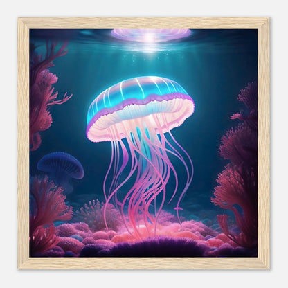 Gerahmtes Premium-Poster - Qualle - Digitaler Stil, KI-Kunst - RolConArt, Unterwasserlandschaften, 30x30-cm-12x12-Holzrahmen