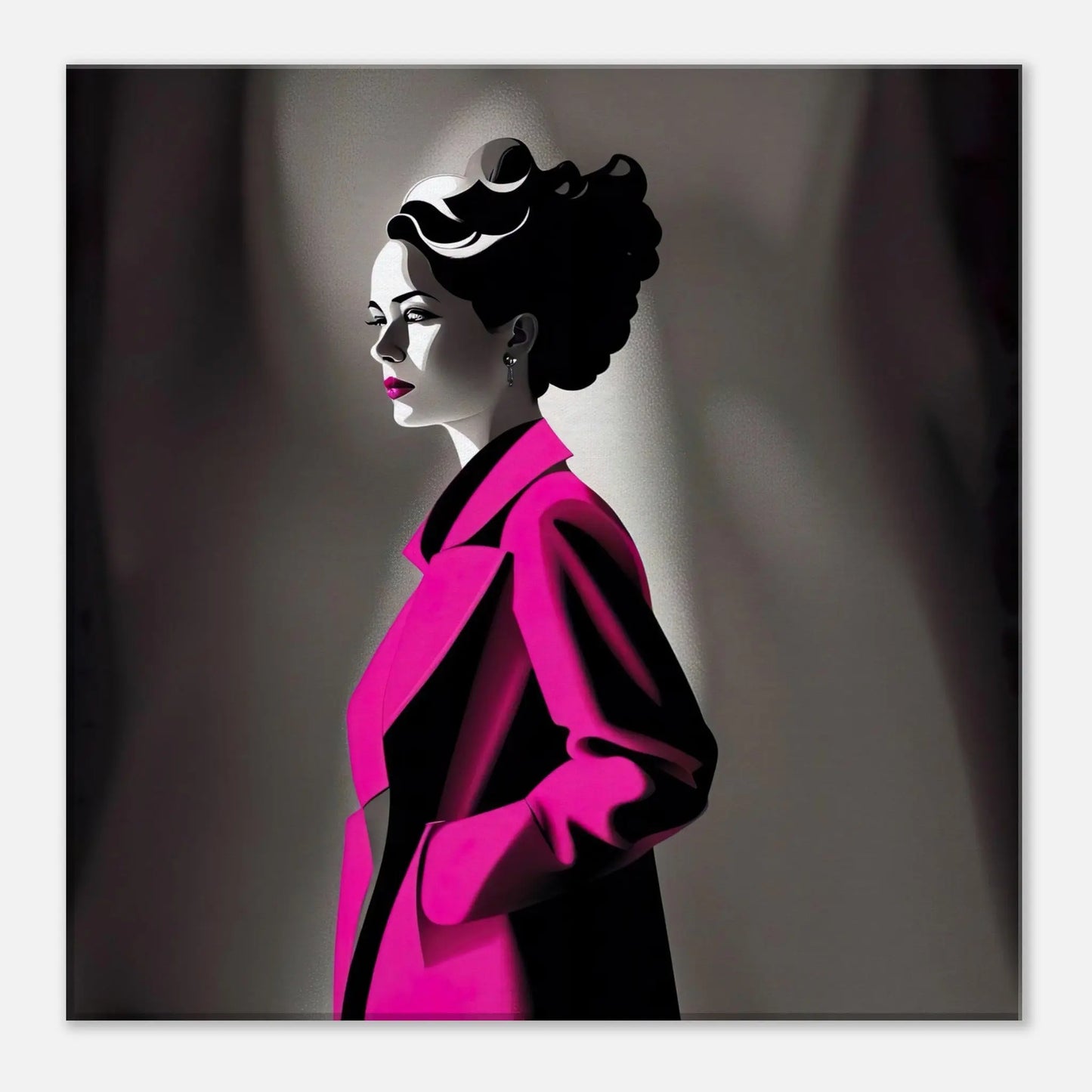 Leinwandbild - Frau im rosa Mantel - Schwarz-Weiß Stil, KI-Kunst - RolConArt, Schwarz-Weiß mit Akzentfarben, 40x40-cm-16x16