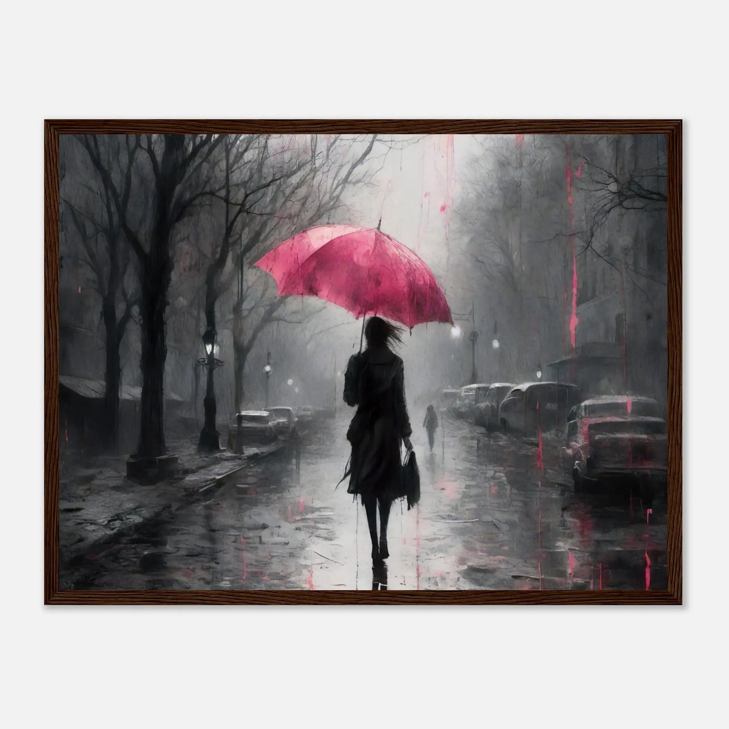 Gerahmtes Premium-Poster - Frau auf einer Straße - Schwarz-Weiß, KI-Kunst - RolConArt, Schwarz-Weiß mit Akzentfarben, 45x60-cm-18x24-Dunkler-Holzrahmen