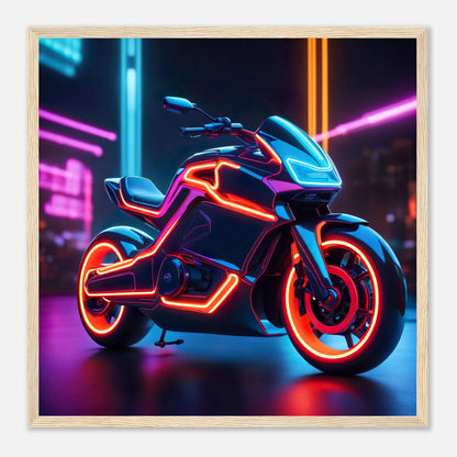 Gerahmtes Premium-Poster -Futuristisches Motorrad- Neon Stil, KI-Kunst - RolConArt, Neon, 50x50-cm-20x20-Holzrahmen