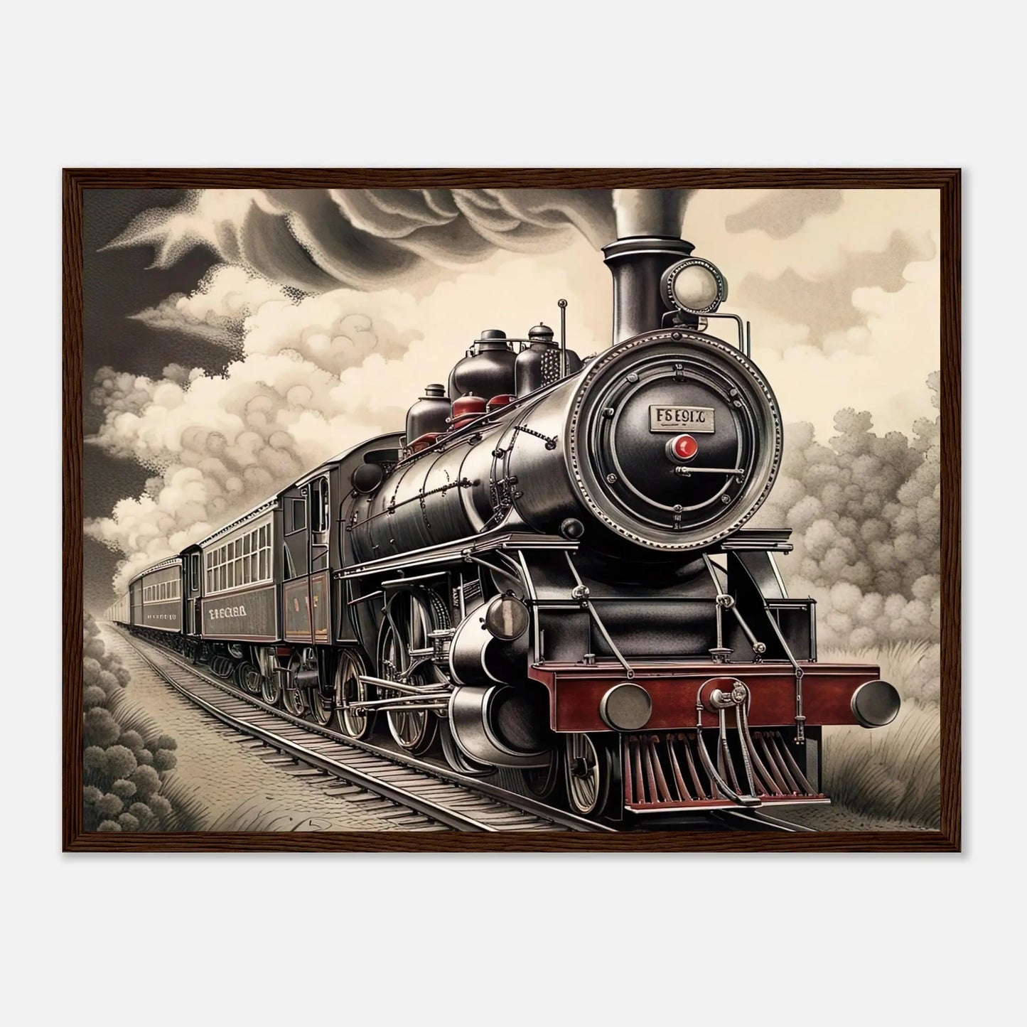 Gerahmtes Premium-Poster - Dampflokomotive - Schwarz-Weiß, KI-Kunst - RolConArt, Schwarz-Weiß mit Akzentfarben, 45x60-cm-18x24-Dunkler-Holzrahmen