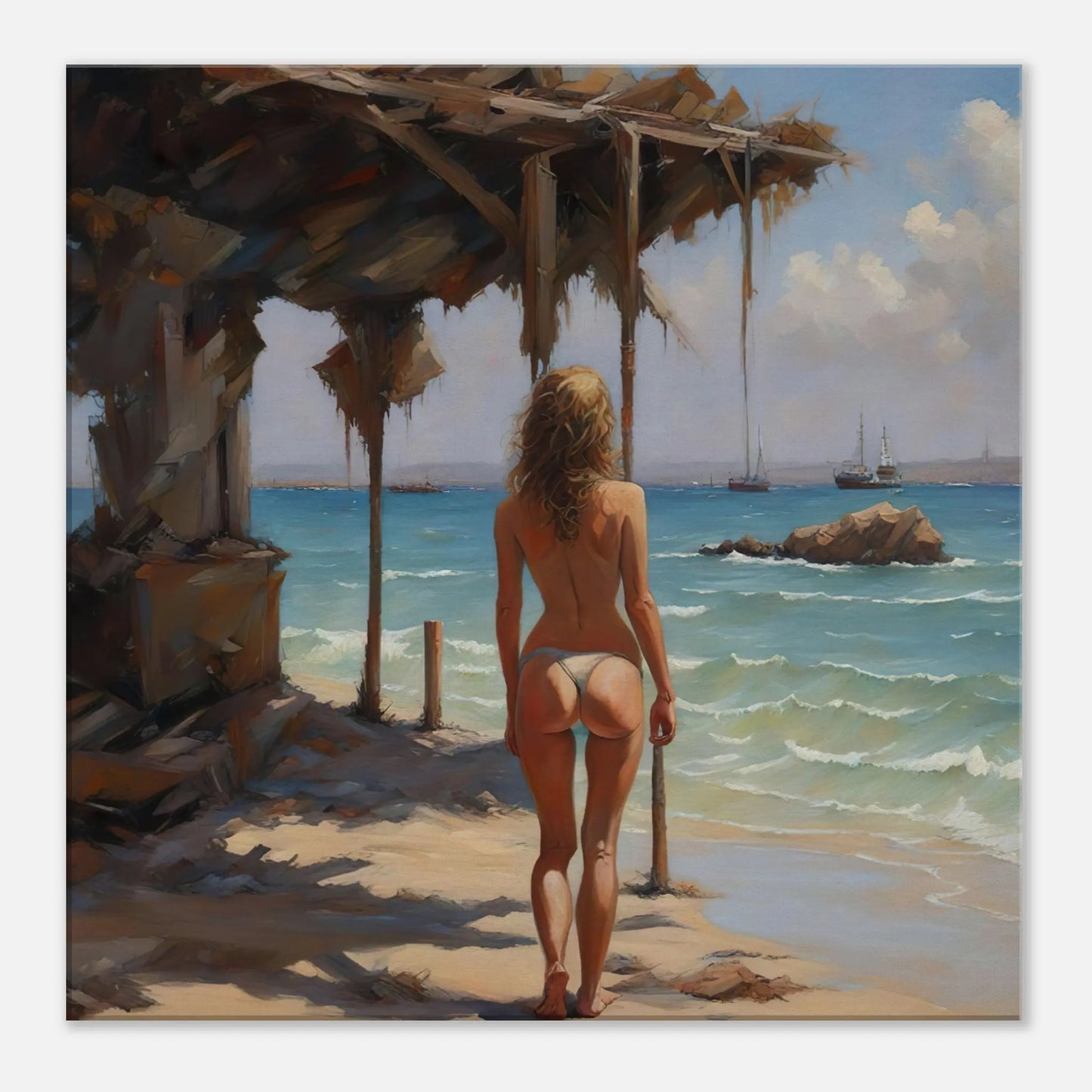 Leinwandbild - Frau am Strand - Malerischer Stil, KI-Kunst - RolConArt, Malerischer Stil - Porträts, 60x60-cm-24x24
