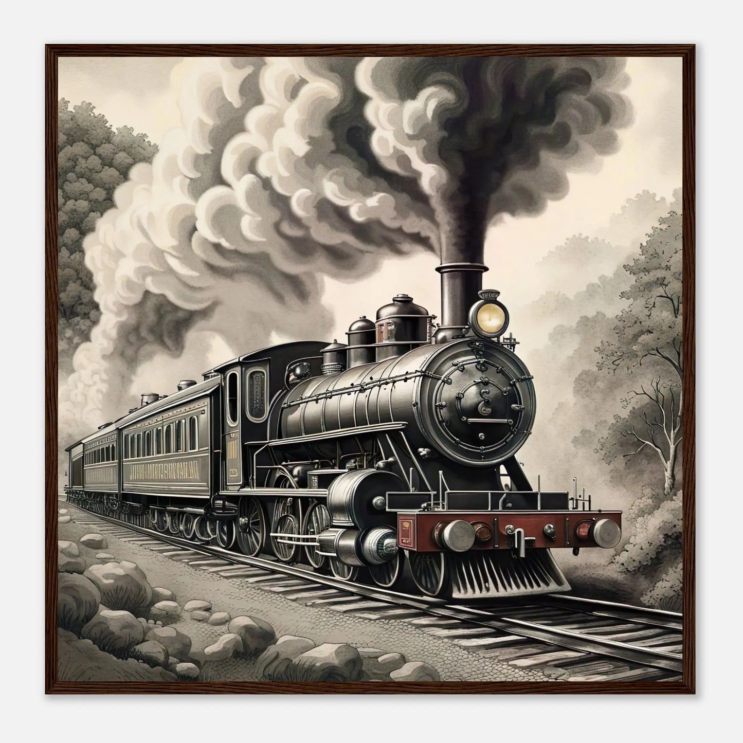 Gerahmtes Premium-Poster - Dampflokomotive - Schwarz-Weiß, KI-Kunst - RolConArt, Schwarz-Weiß mit Akzentfarben, 70x70-cm-28x28-Dunkler-Holzrahmen