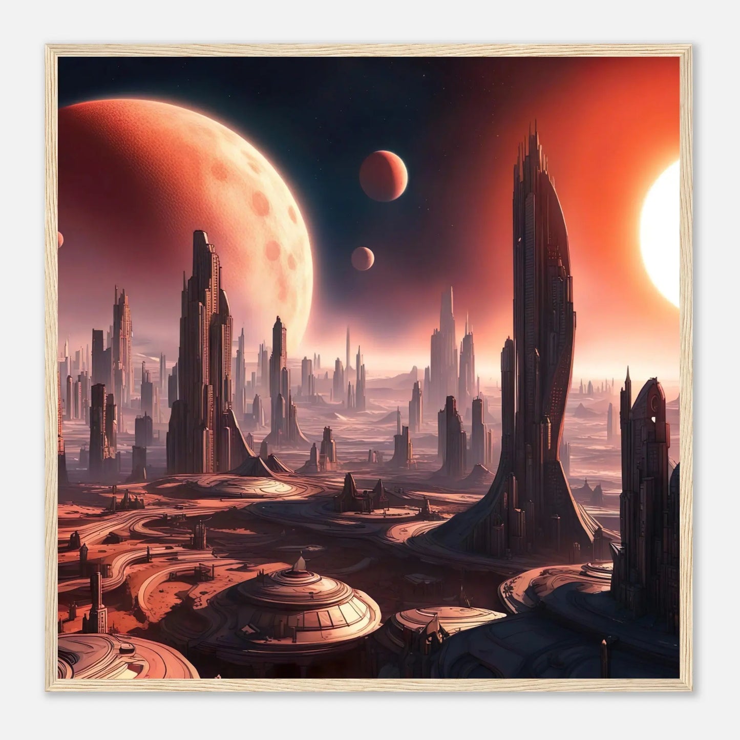 Gerahmtes Premium-Poster -Futuristische Welt- Digitaler Stil, KI-Kunst - RolConArt, Sci-Fi, 70x70-cm-28x28-Holzrahmen