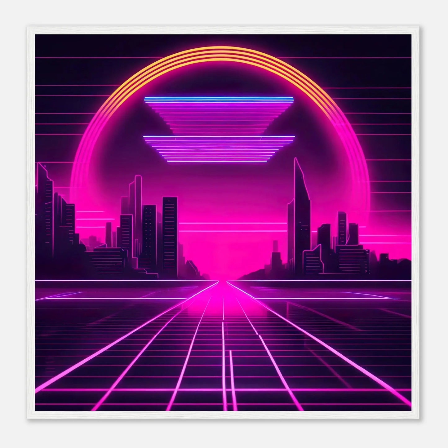 Gerahmtes Premium-Poster - Stadtlandschaft - Neon Stil, KI-Kunst - RolConArt, Neon, 70x70-cm-28x28-Weißer-Rahmen