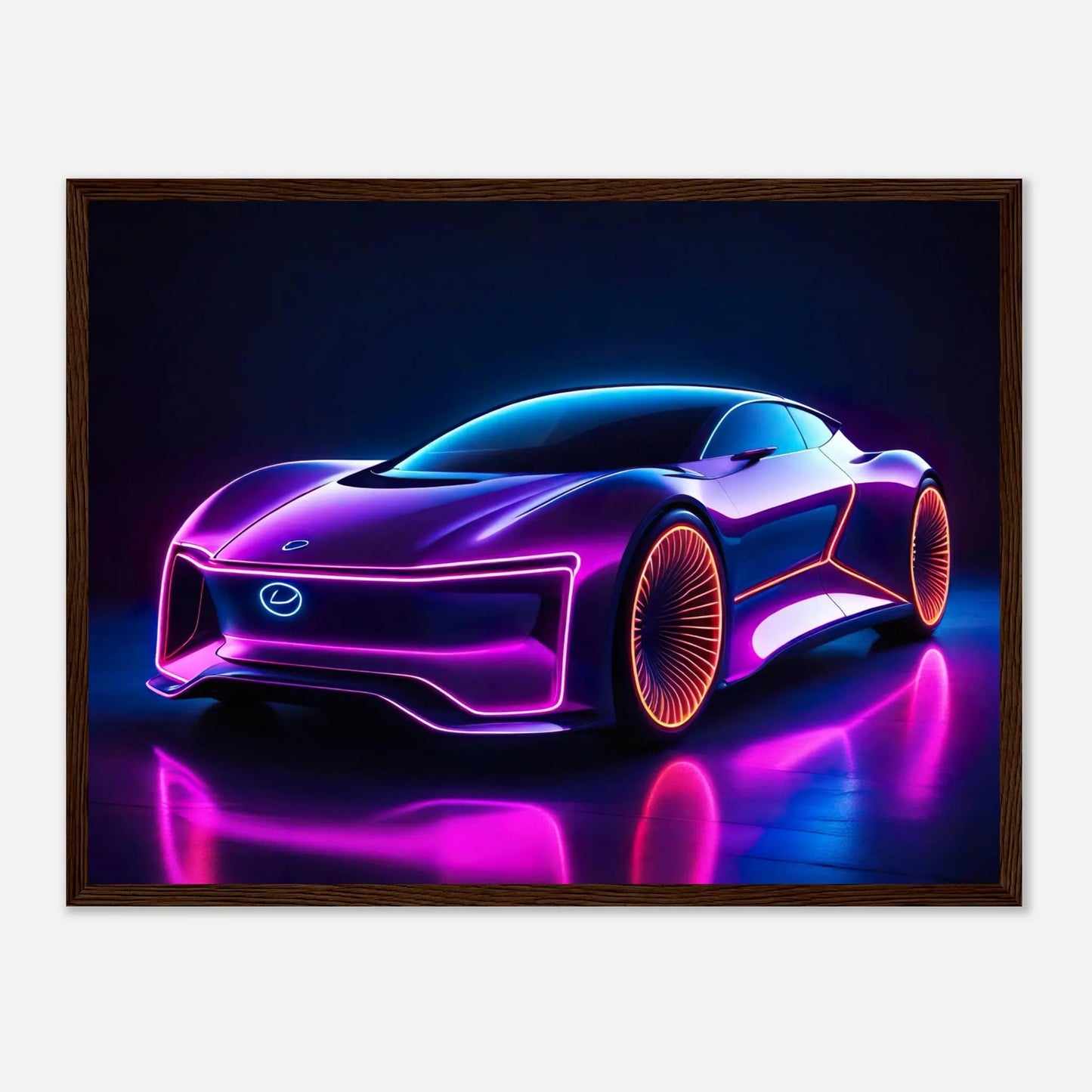 Gerahmtes Premium-Poster -Futuristisches Fahrzeug- Neon Stil, KI-Kunst - RolConArt, Neon, 45x60-cm-18x24-Dunkler-Holzrahmen