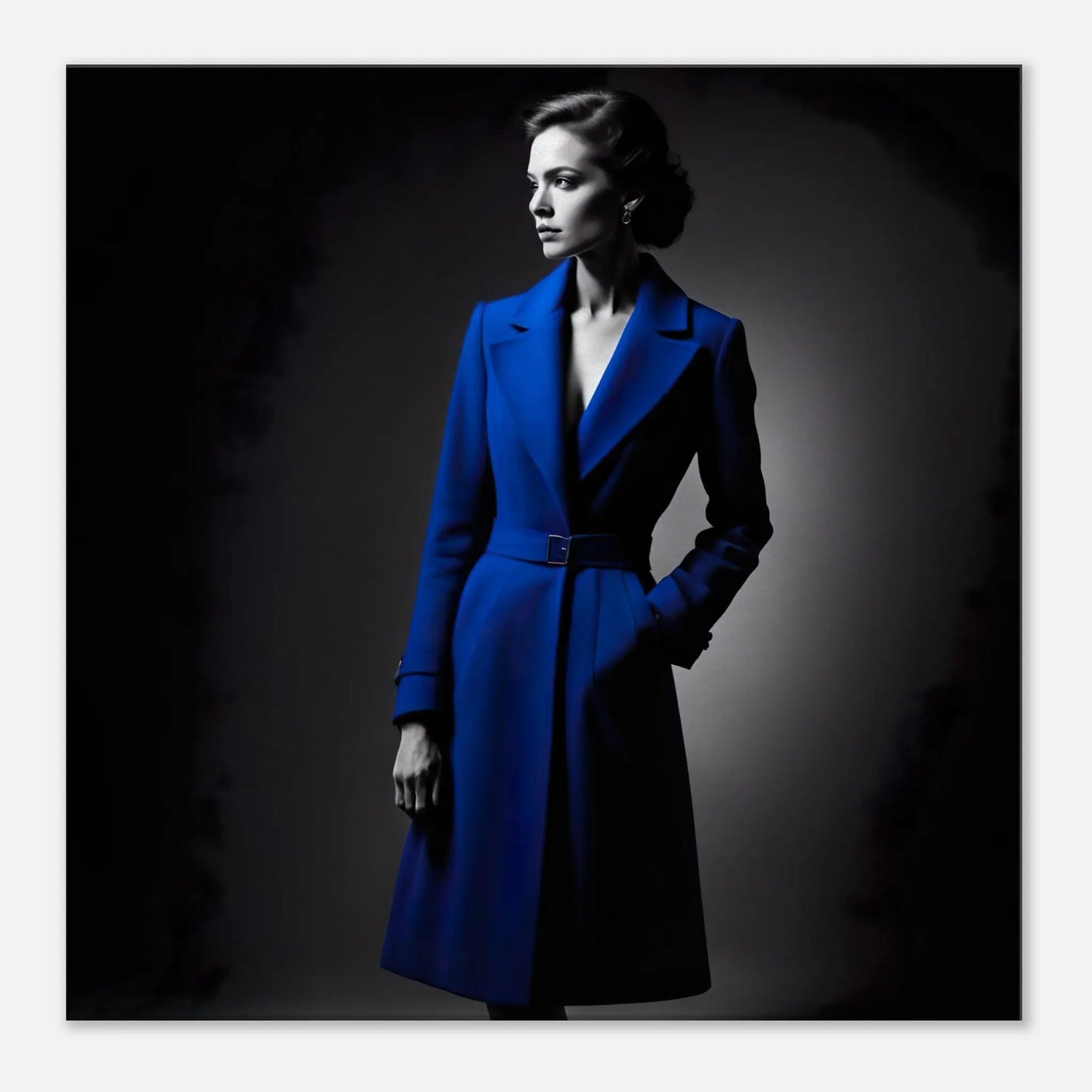 Leinwandbild - Frau im blauen Mantel - Schwarz-Weiß Stil, KI-Kunst - RolConArt, Schwarz-Weiß mit Akzentfarben, 60x60-cm-24x24