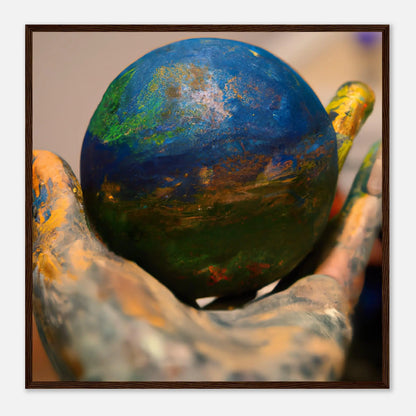 Gerahmtes Premium-Poster - Planet in der Hand - Foto Stil, KI-Kunst - RolConArt, Fotokunst - Kreative Vielfalt, 70x70-cm-28x28-Dunkles-Holz