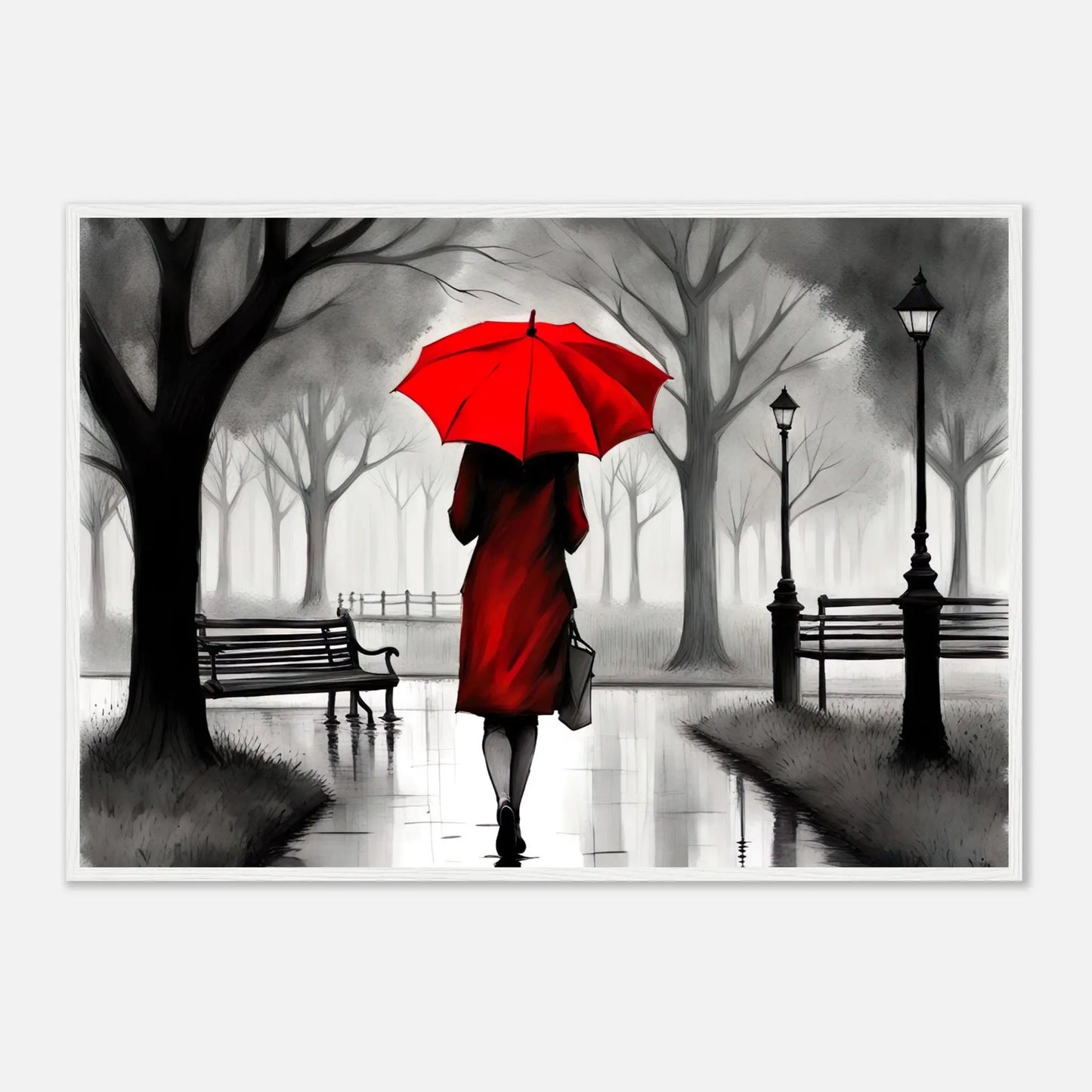 Gerahmtes Premium-Poster - Frau im Park - Schwarz-Weiß, KI-Kunst - RolConArt, Schwarz-Weiß mit Akzentfarben, 70x100-cm-28x40-Weißer-Rahmen