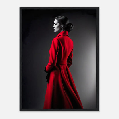 Gerahmtes Premium-Poster - Frau im roten Mantel - Schwarz-Weiß, KI-Kunst - RolConArt, Schwarz-Weiß mit Akzentfarben, 45x60-cm-18x24-Schwarzer-Rahmen
