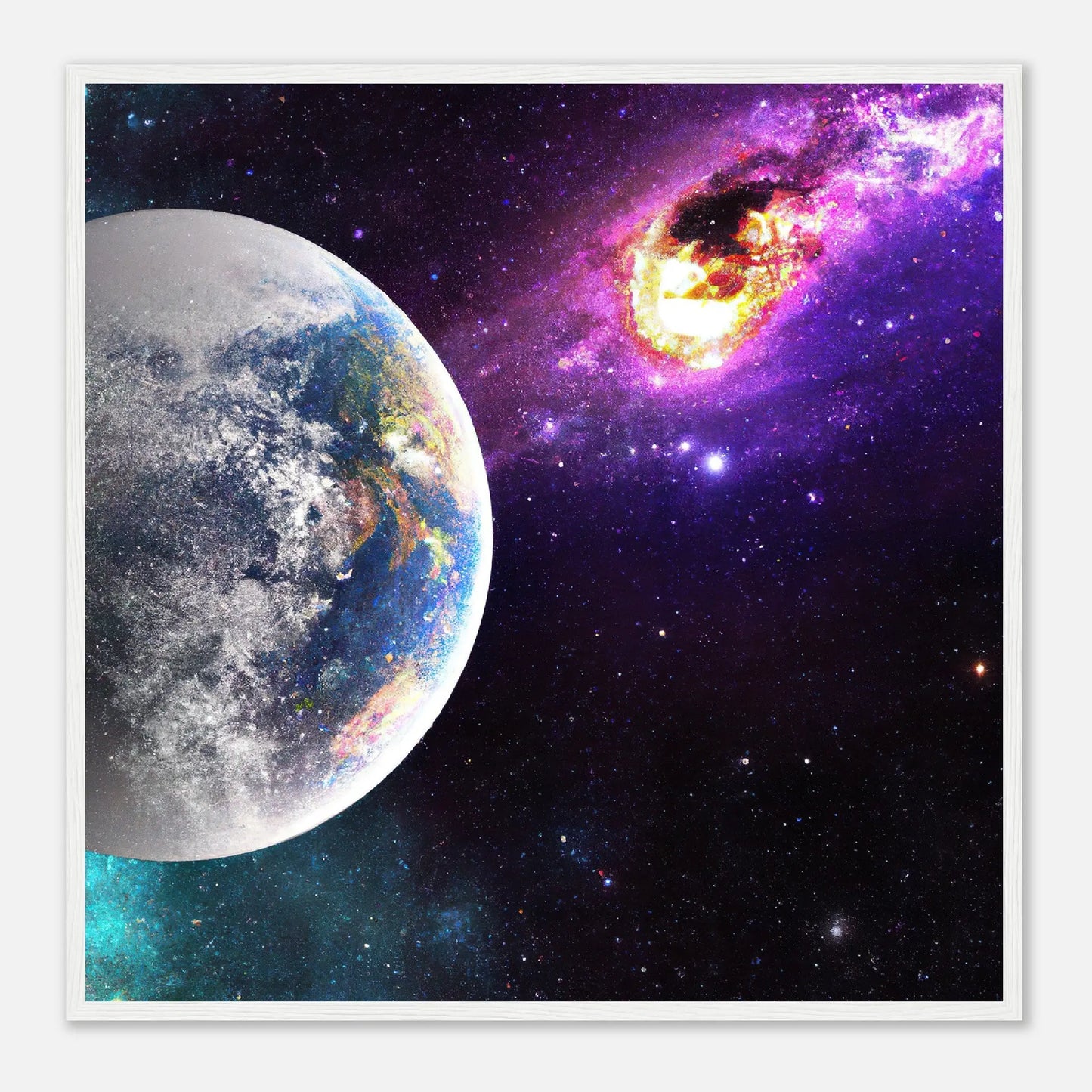 Gerahmtes Premium-Poster - Planet und Komet - Digitaler Stil, KI-Kunst - RolConArt, Sci-Fi, 70x70-cm-28x28-Weiß