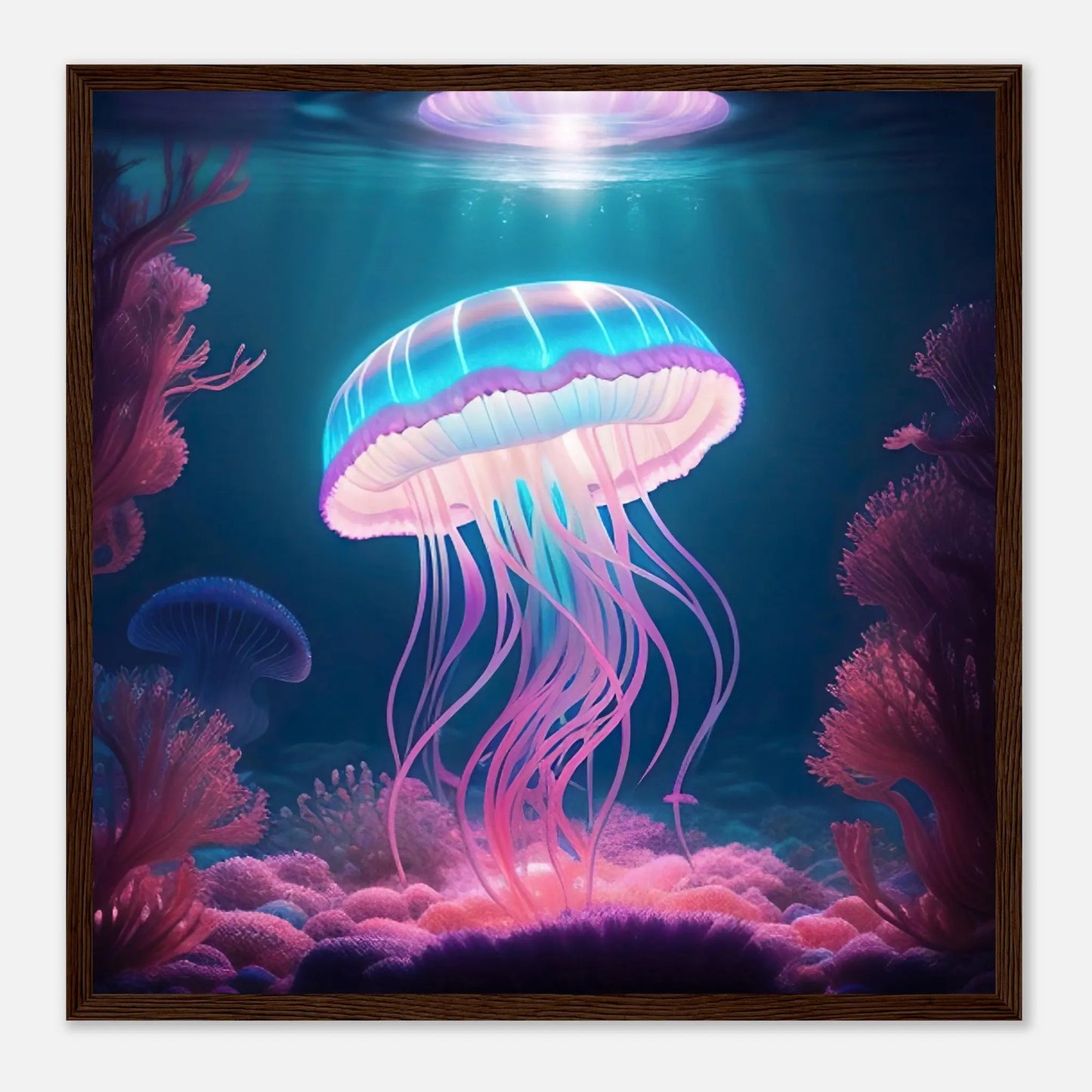 Gerahmtes Premium-Poster - Qualle - Digitaler Stil, KI-Kunst - RolConArt, Unterwasserlandschaften, 50x50-cm-20x20-Dunkler-Holzrahmen