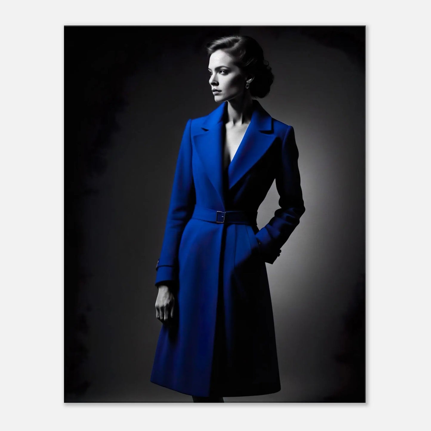 Leinwandbild - Frau im blauen Mantel - Schwarz-Weiß Stil, KI-Kunst - RolConArt, Schwarz-Weiß mit Akzentfarben, 60x75-cm-24x30