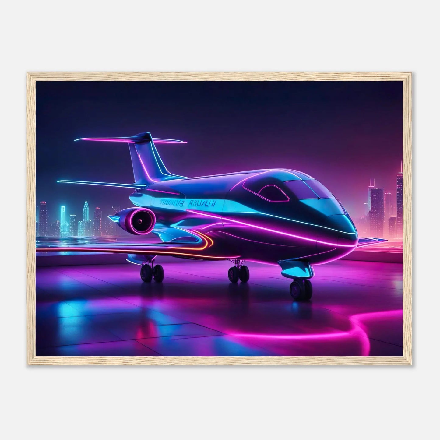 Gerahmtes Premium-Poster -Futuristisches Flugzeug- Neon Stil, KI-Kunst - RolConArt, Neon, 45x60-cm-18x24-Holzrahmen