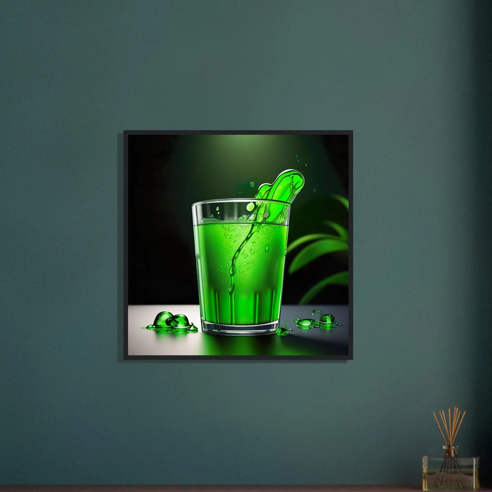 Gerahmtes Premium-Poster - Glas mit grünem Trank - Foto Stil, KI-Kunst - RolConArt, Kreative Vielfalt, 