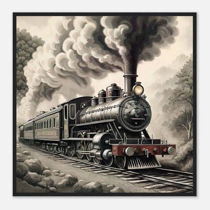 Gerahmtes Premium-Poster - Dampflokomotive - Schwarz-Weiß, KI-Kunst - RolConArt, Schwarz-Weiß mit Akzentfarben, 70x70-cm-28x28-Schwarzer-Rahmen