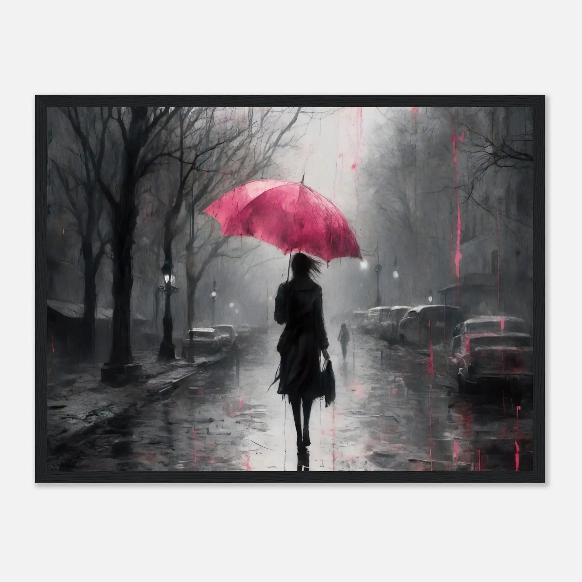 Gerahmtes Premium-Poster - Frau auf einer Straße - Schwarz-Weiß, KI-Kunst - RolConArt, Schwarz-Weiß mit Akzentfarben, 45x60-cm-18x24-Schwarzer-Rahmen