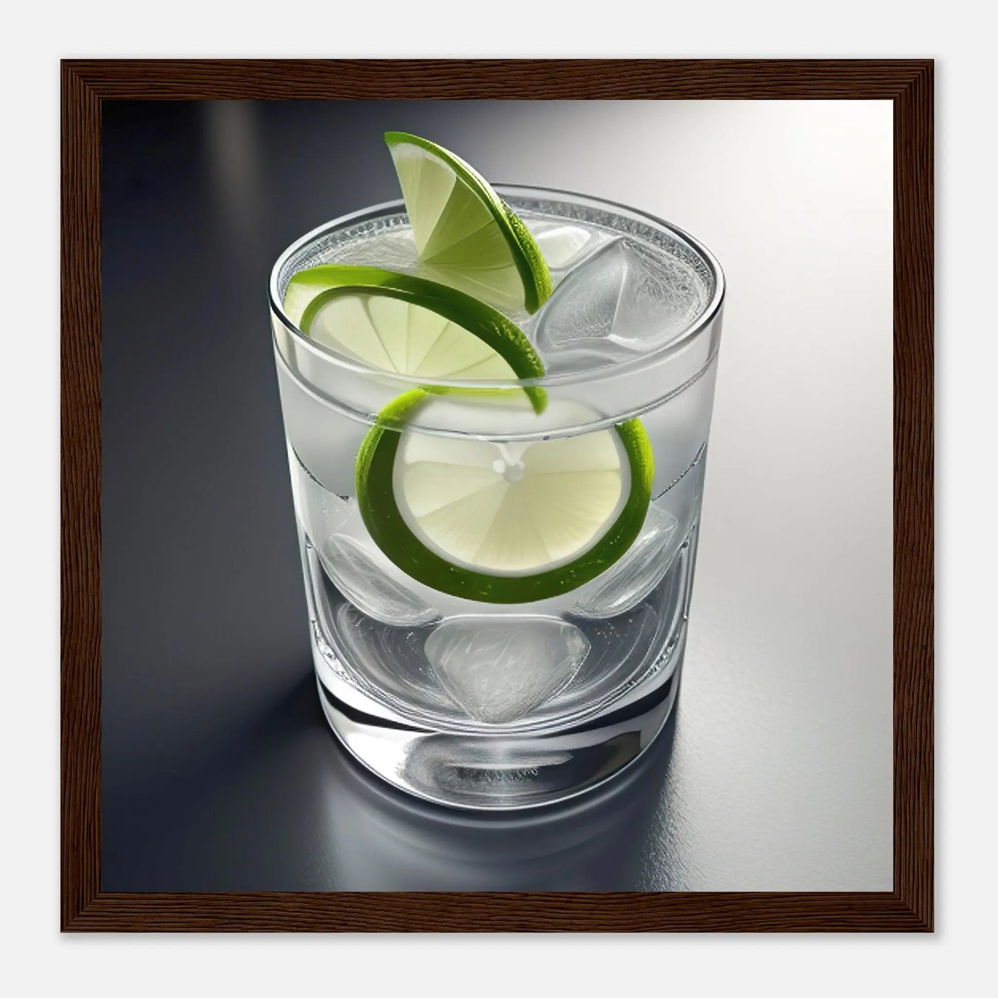 Gerahmtes Premium-Poster - Gin Tonic im Glas - Foto Stil, KI-Kunst - RolConArt, Kreative Vielfalt, 30x30-cm-12x12-Dunkler-Holzrahmen