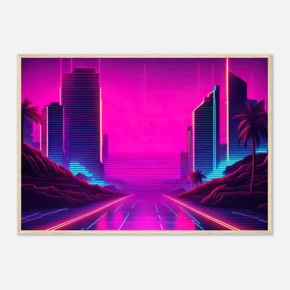 Gerahmtes Premium-Poster - Stadtlandschaft - Neon Stil, KI-Kunst - RolConArt, Neon, 70x100-cm-28x40-Holzrahmen