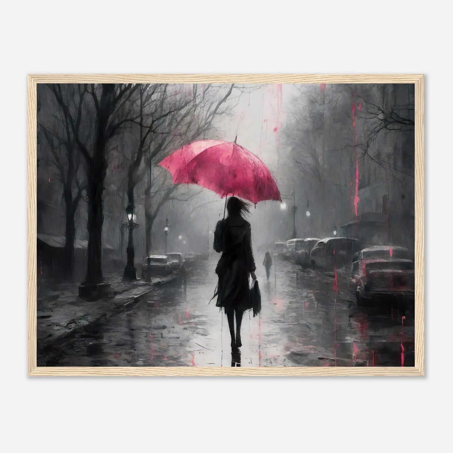 Gerahmtes Premium-Poster - Frau auf einer Straße - Schwarz-Weiß, KI-Kunst - RolConArt, Schwarz-Weiß mit Akzentfarben, 45x60-cm-18x24-Holzrahmen