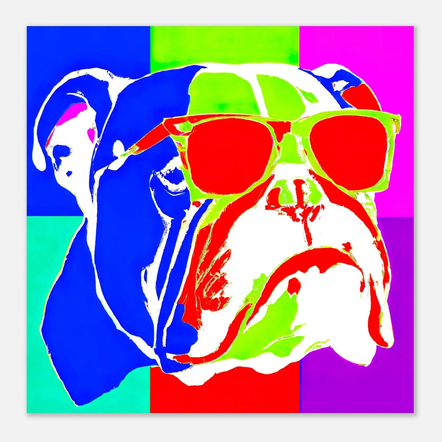 Aluminiumdruck - Englische Bulldogge mit Sonnenbrille - Pop Art Stil, KI-Kunst RolConArt