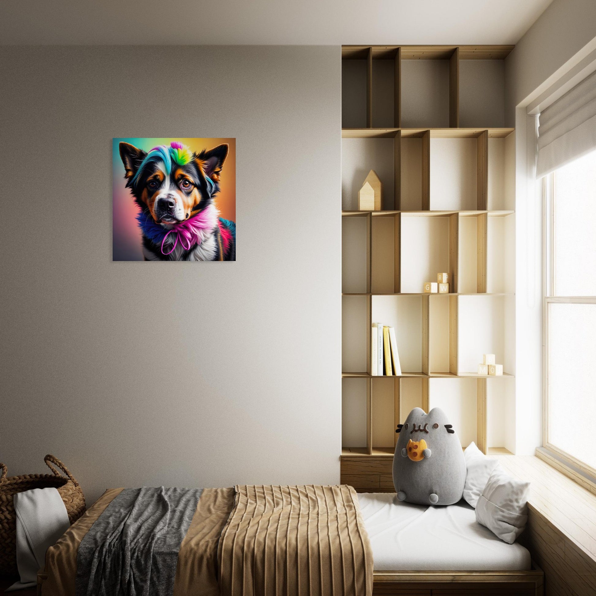 Moderner Forex-Druck - Der Hund, der Farben liebt - 3D-Stil, KI-Kunst - RolConArt, Tiere - Kreative Vielfalt, 