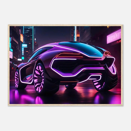 Gerahmtes Premium-Poster -Futuristisches Fahrzeug- Neon Stil, KI-Kunst - RolConArt, Neon, 70x100-cm-28x40-Holzrahmen