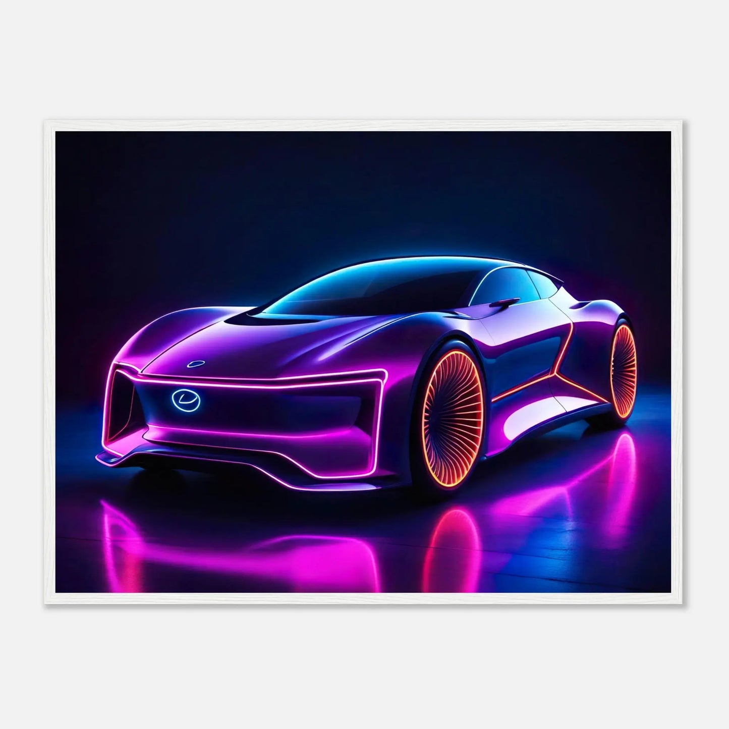 Gerahmtes Premium-Poster -Futuristisches Fahrzeug- Neon Stil, KI-Kunst - RolConArt, Neon, 60x80-cm-24x32-Weißer-Rahmen