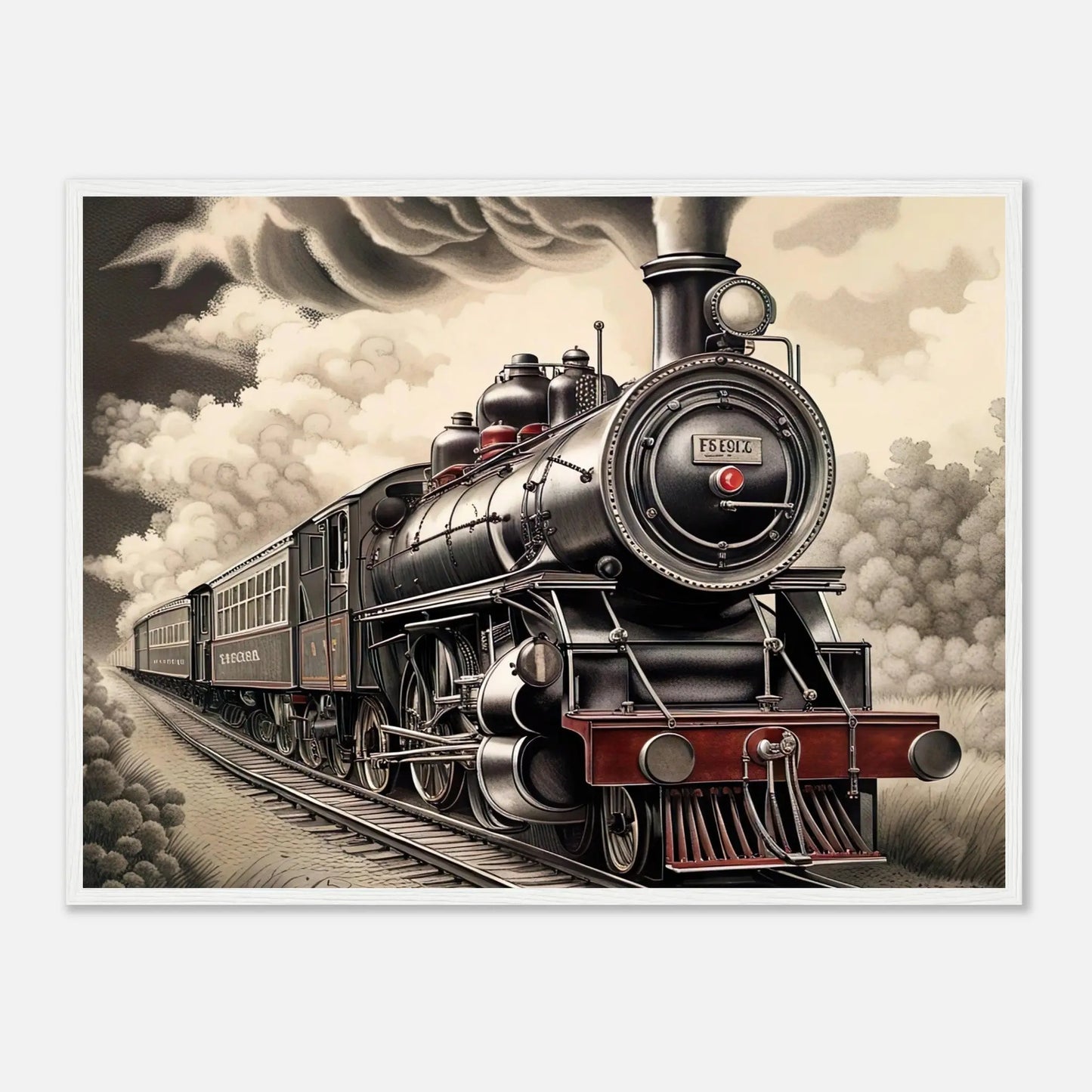 Gerahmtes Premium-Poster - Dampflokomotive - Schwarz-Weiß, KI-Kunst - RolConArt, Schwarz-Weiß mit Akzentfarben, 60x80-cm-24x32-Weißer-Rahmen