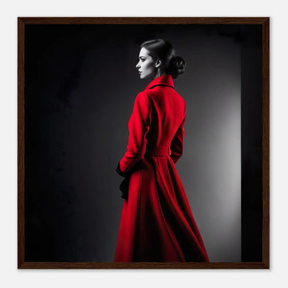 Gerahmtes Premium-Poster - Frau im roten Mantel - Schwarz-Weiß, KI-Kunst - RolConArt, Schwarz-Weiß mit Akzentfarben, 50x50-cm-20x20-Dunkler-Holzrahmen