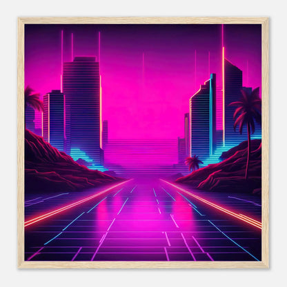 Gerahmtes Premium-Poster - Stadtlandschaft - Neon Stil, KI-Kunst - RolConArt, Neon, 50x50-cm-20x20-Holzrahmen